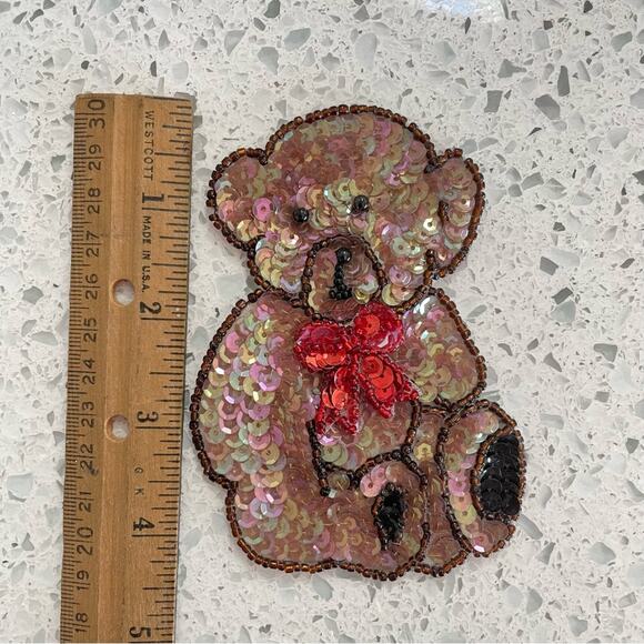Vintage Teddy Bear Sequin Patch Small Brown Red Bow - Picture 4 of 4